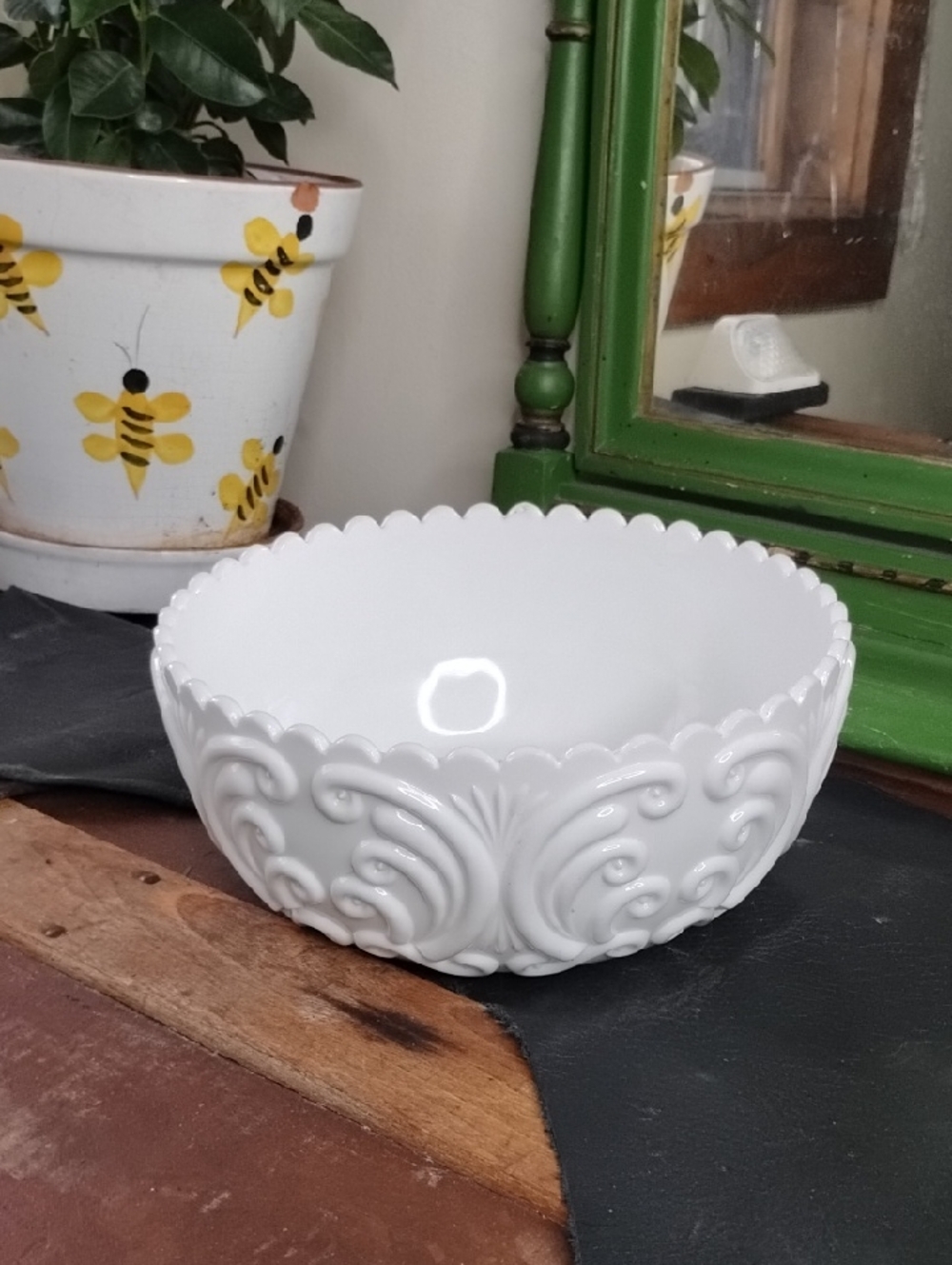 White Embossed Milk Glass Scalloped Bowl